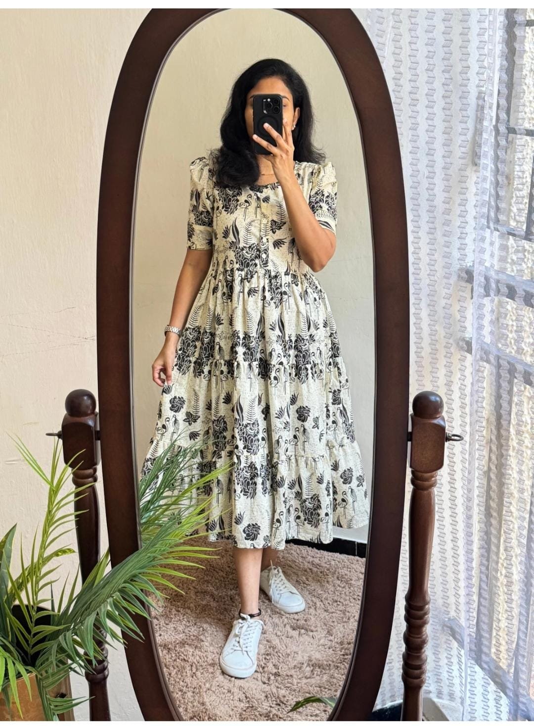 White Printed Cotton Midi Gown Dress